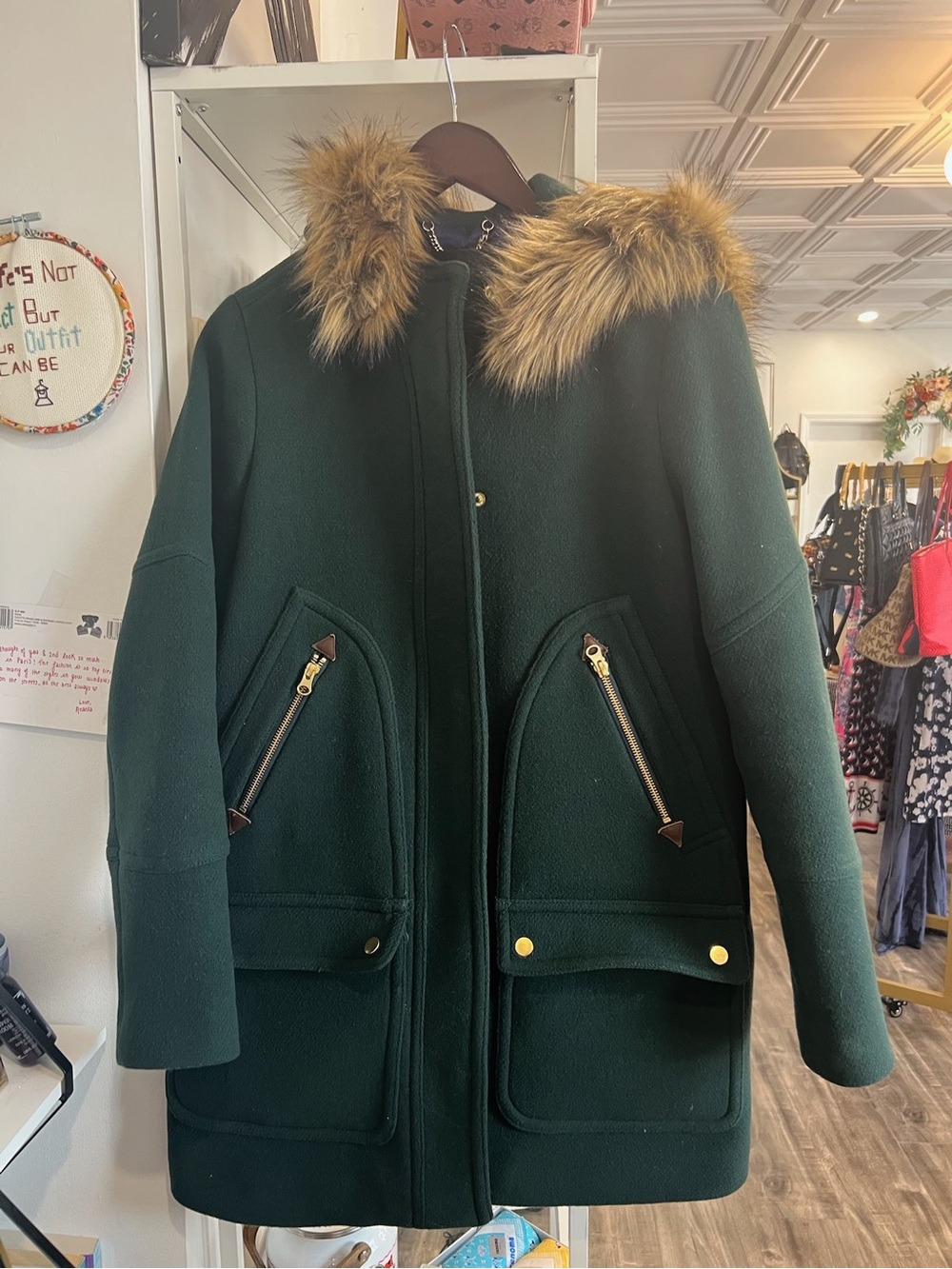 J. Crew Nelly Gori Italian stadium Green Wool-Blend Pea Coat with Faux-Fur Trim